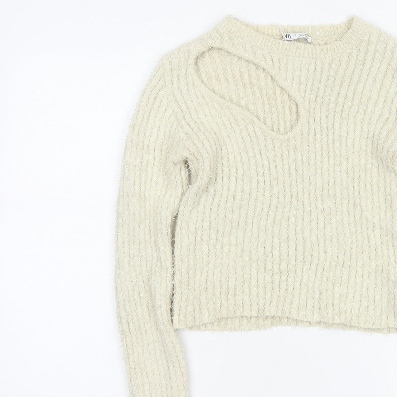 Zara Women Ivory UK 14 L Open Knit Crew Neck Pullover Jumper
