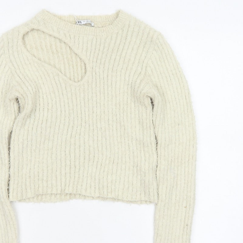 Zara Women Ivory UK 14 L Open Knit Crew Neck Pullover Jumper