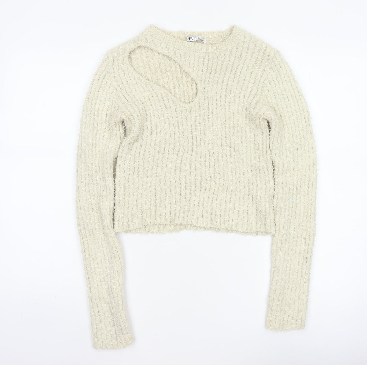 Zara Women Ivory UK 14 L Open Knit Crew Neck Pullover Jumper