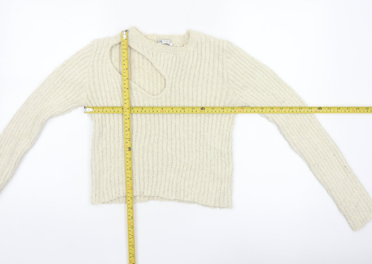 Zara Women Ivory UK 14 L Open Knit Crew Neck Pullover Jumper