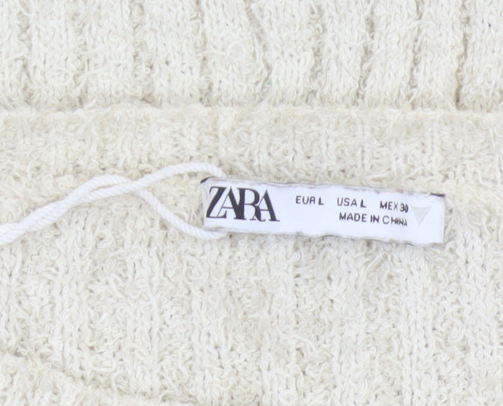 Zara Women Ivory UK 14 L Open Knit Crew Neck Pullover Jumper