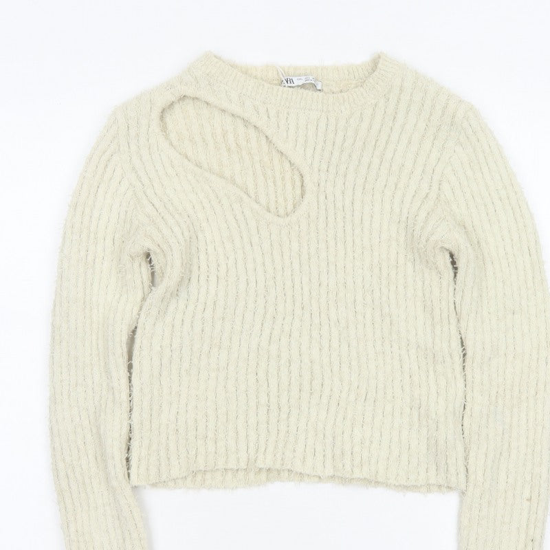 Zara Women Ivory UK 14 L Open Knit Crew Neck Pullover Jumper