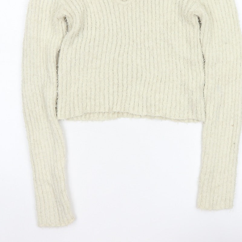 Zara Women Ivory UK 14 L Open Knit Crew Neck Pullover Jumper