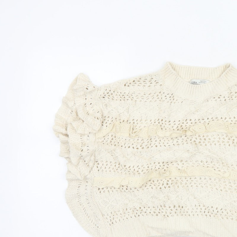 Pull&Bear Women Ivory M Ruffle Open-Knit Cotton Jumper