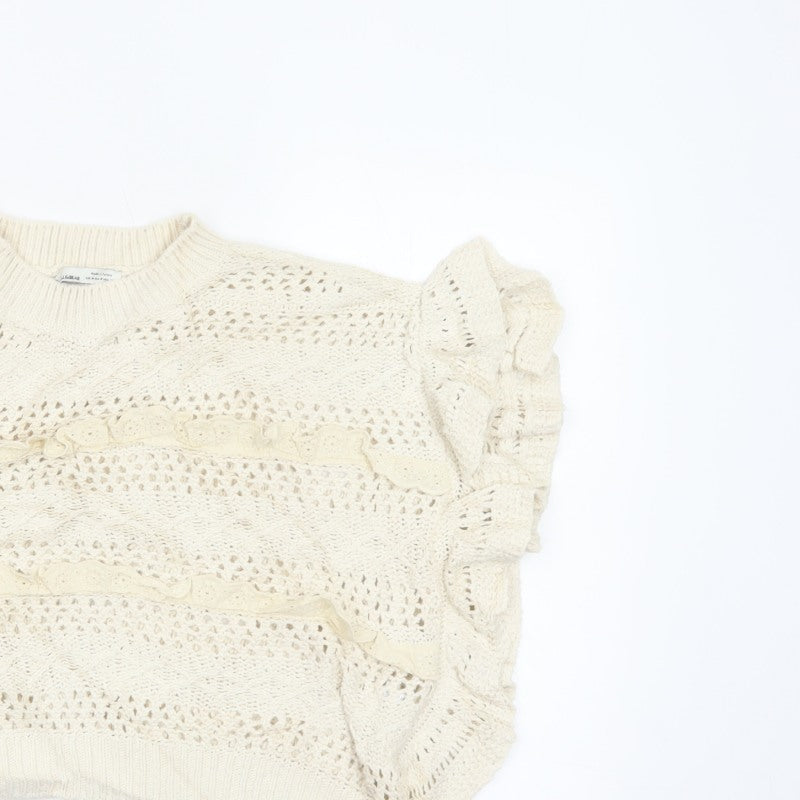 Pull&Bear Women Ivory M Ruffle Open-Knit Cotton Jumper