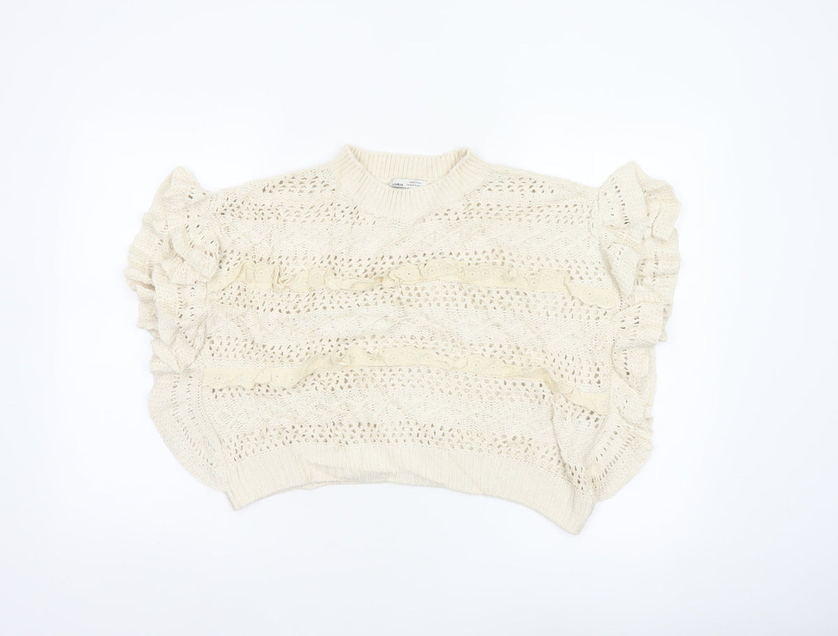 Pull&Bear Women Ivory M Ruffle Open-Knit Cotton Jumper