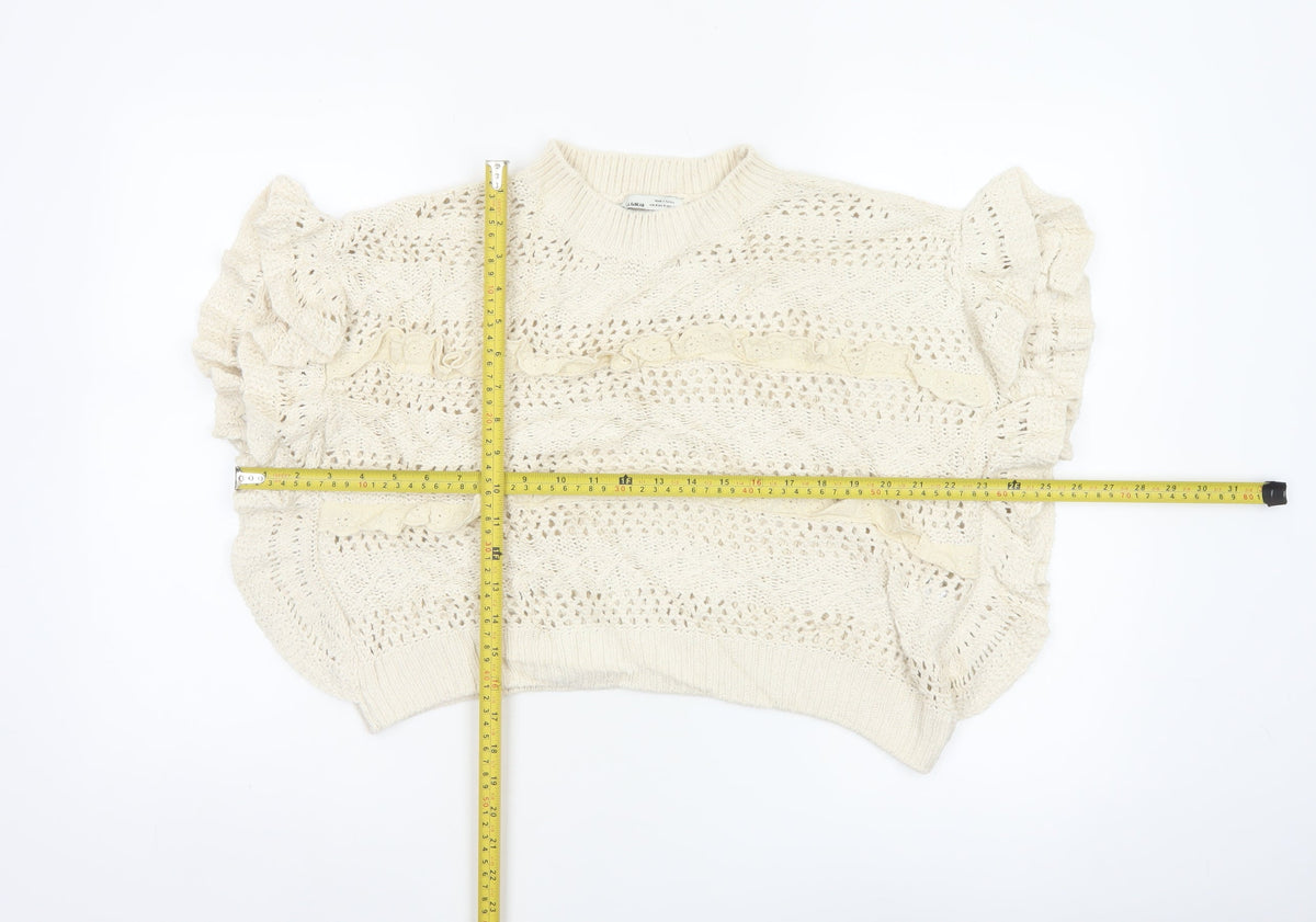 Pull&Bear Women Ivory M Ruffle Open-Knit Cotton Jumper