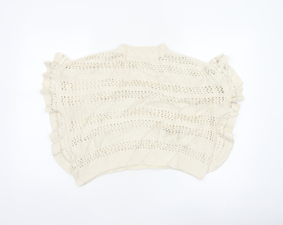 Pull&Bear Women Ivory M Ruffle Open-Knit Cotton Jumper