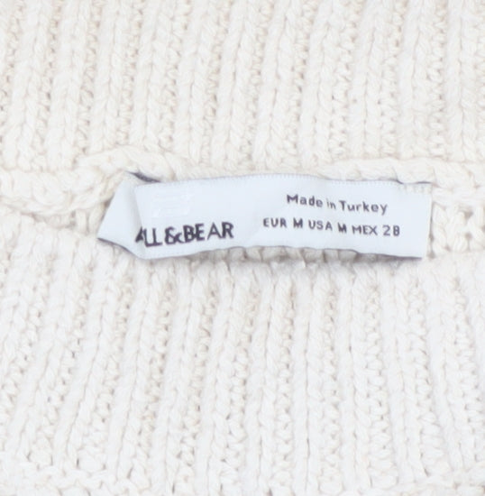Pull&Bear Women Ivory M Ruffle Open-Knit Cotton Jumper
