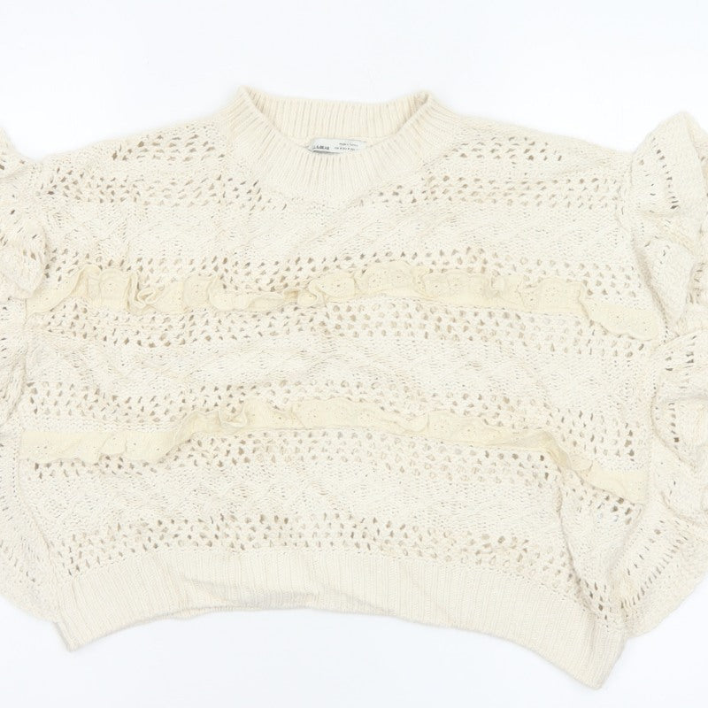 Pull&Bear Women Ivory M Ruffle Open-Knit Cotton Jumper