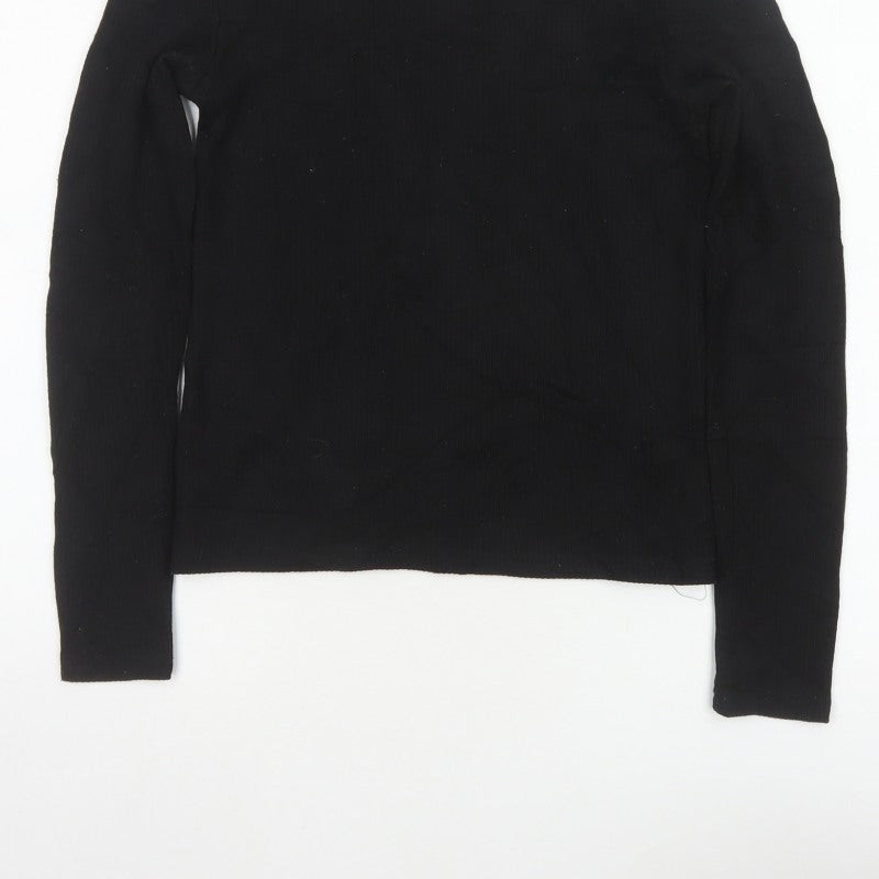 Stradivarius Women Black M Basic Ribbed Mock Neck Long Sleeve Top