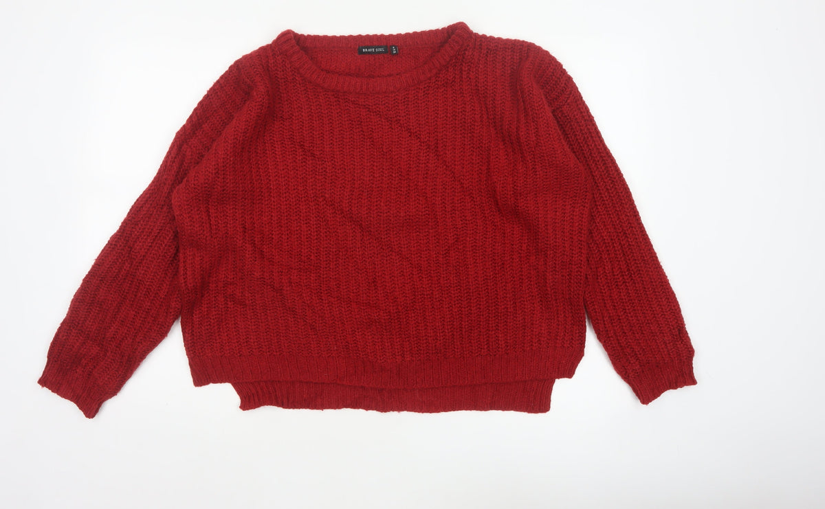 Brave Soul Women Red UK 12 Cable Knit Crew Neck Pullover Jumper