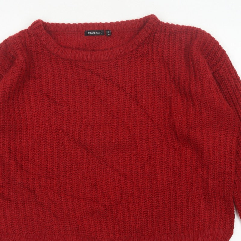Brave Soul Women Red UK 12 Cable Knit Crew Neck Pullover Jumper