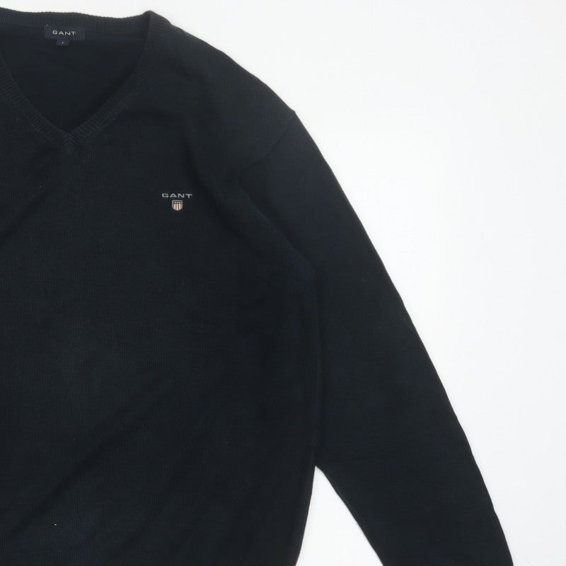 GANT Men’s Black L V-Neck Cotton Logo Knit Pullover Jumper
