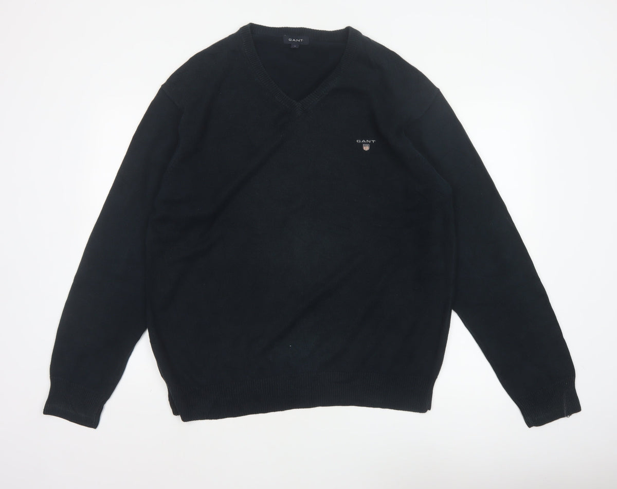 GANT Men’s Black L V-Neck Cotton Logo Knit Pullover Jumper