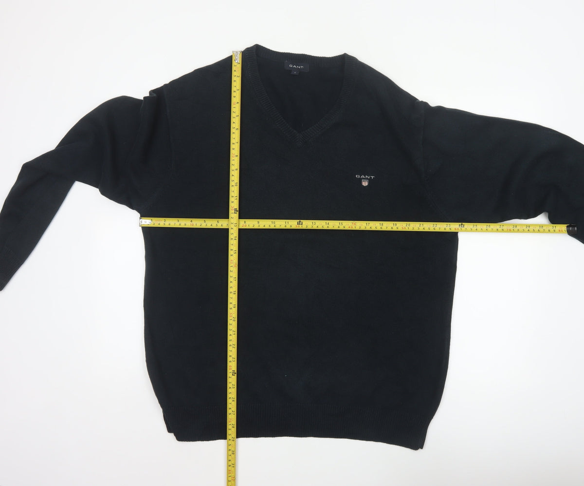 GANT Men’s Black L V-Neck Cotton Logo Knit Pullover Jumper