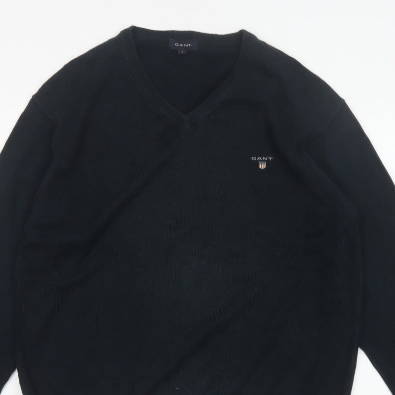GANT Men’s Black L V-Neck Cotton Logo Knit Pullover Jumper