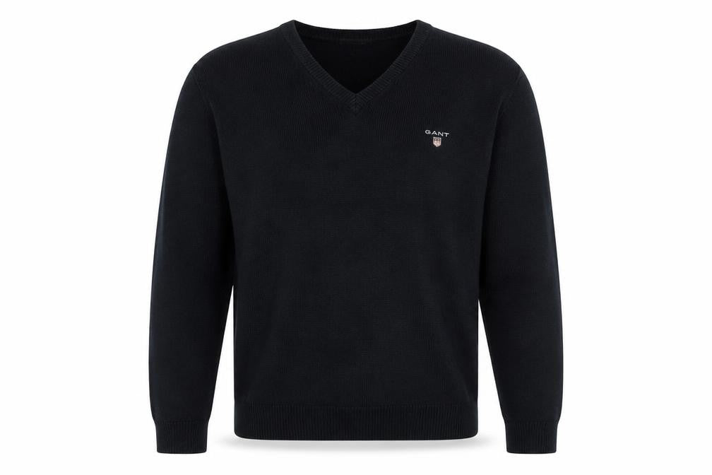 GANT Men’s Black L V-Neck Cotton Logo Knit Pullover Jumper