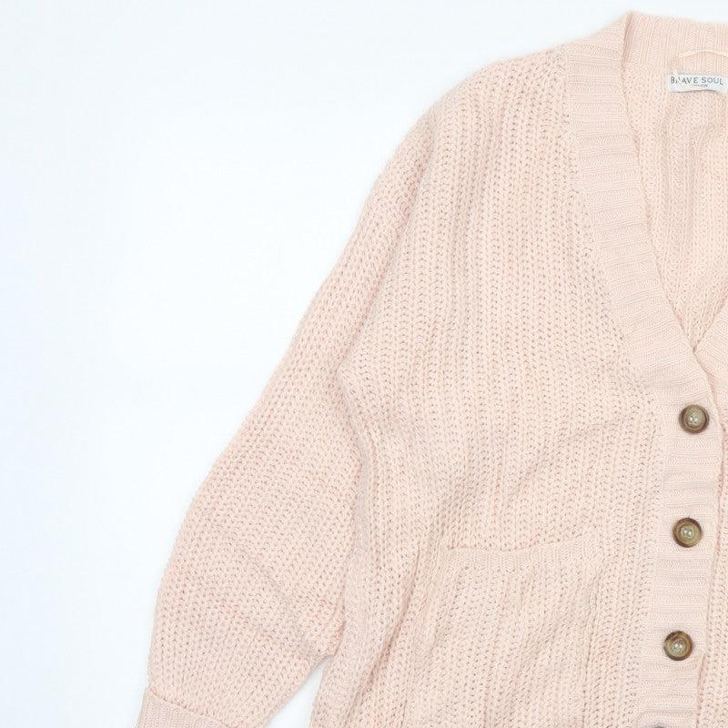 Brave Soul Women’s Pink Size S Chunky Knit V-Neck Cardigan