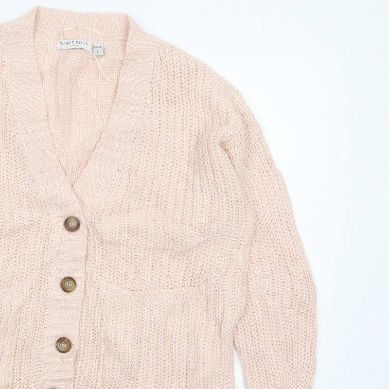 Brave Soul Women’s Pink Size S Chunky Knit V-Neck Cardigan