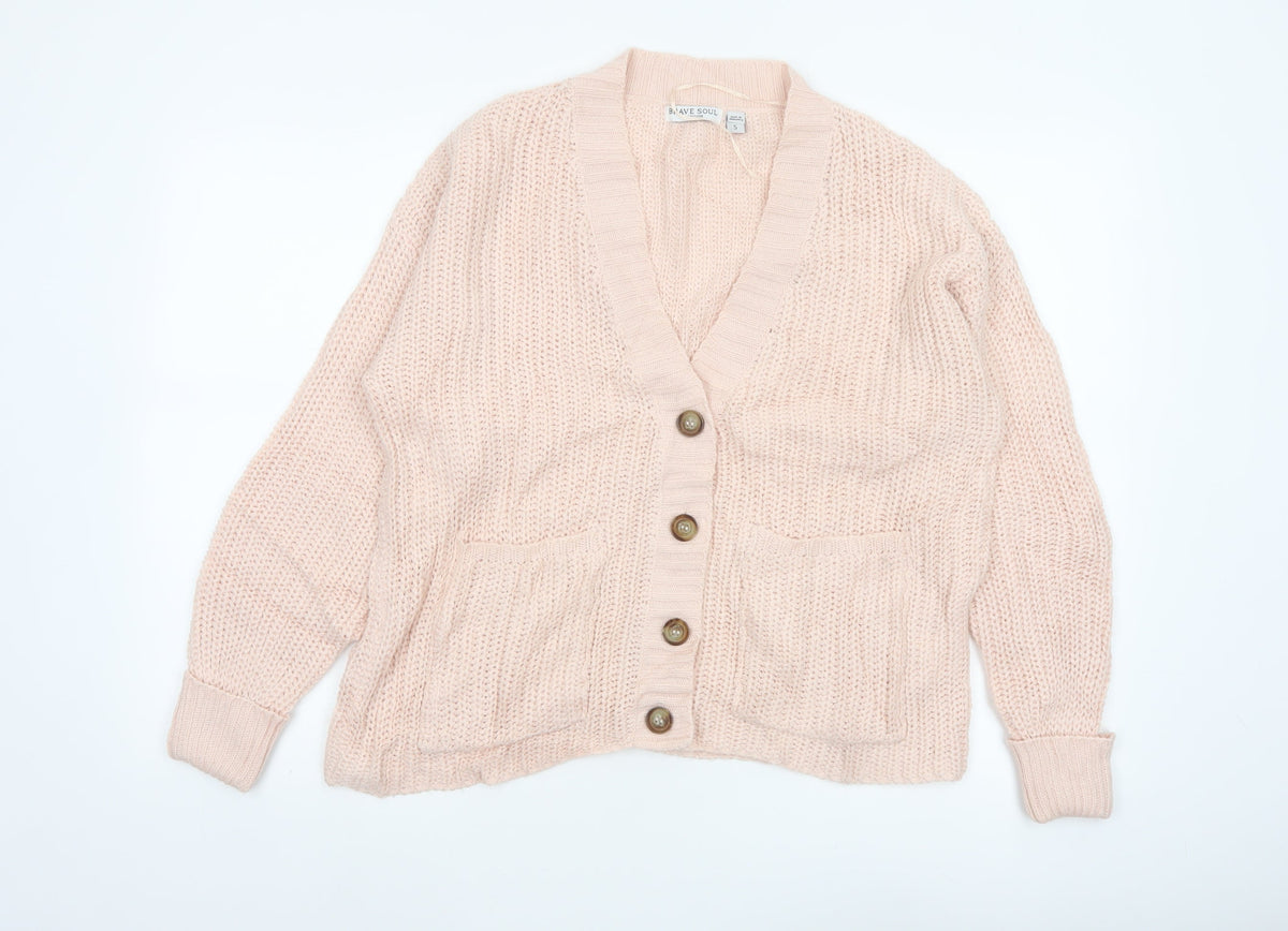 Brave Soul Women’s Pink Size S Chunky Knit V-Neck Cardigan