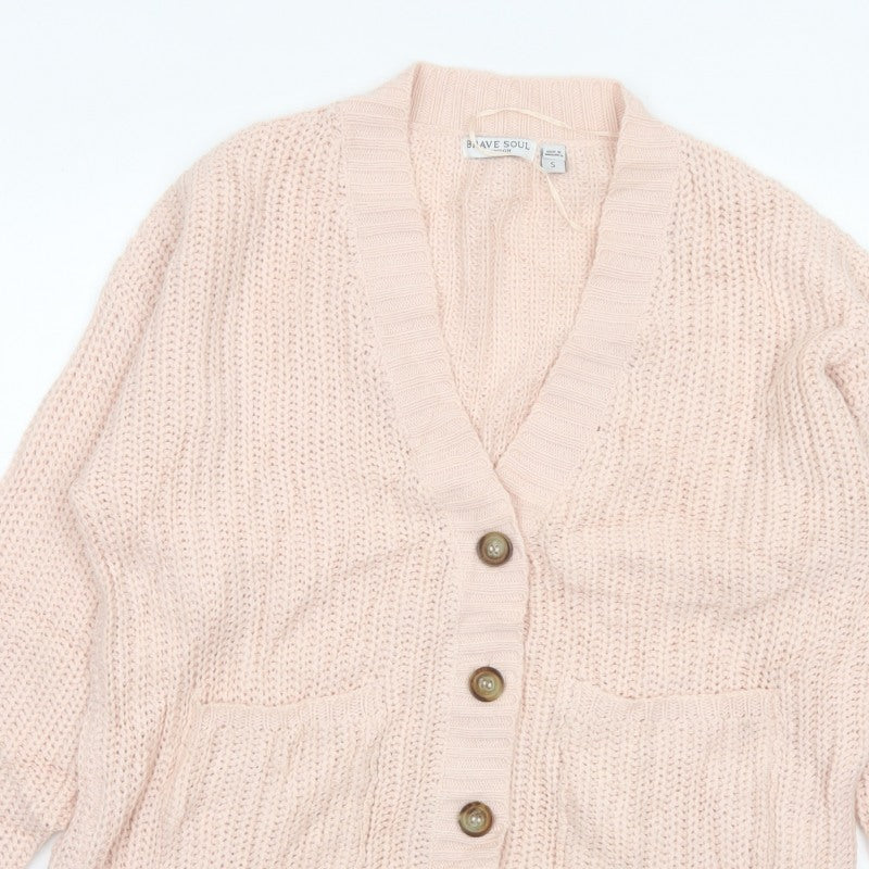 Brave Soul Women’s Pink Size S Chunky Knit V-Neck Cardigan