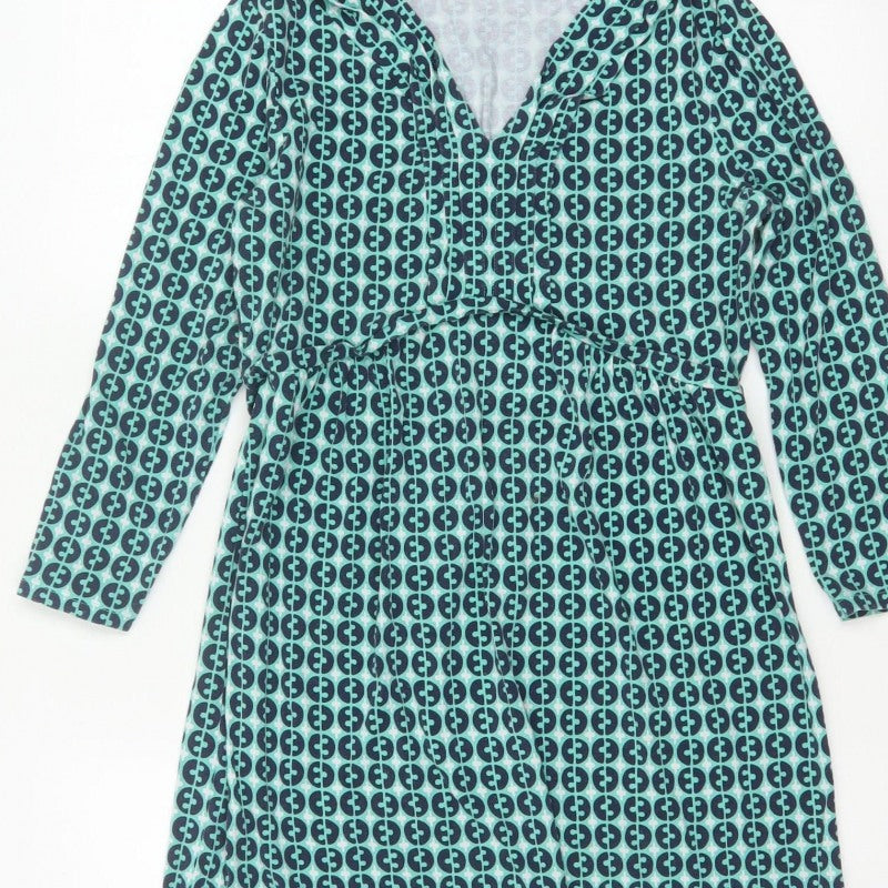 Boden Women Green Geometric Wrap Dress UK 14 Knee Length V-Neck