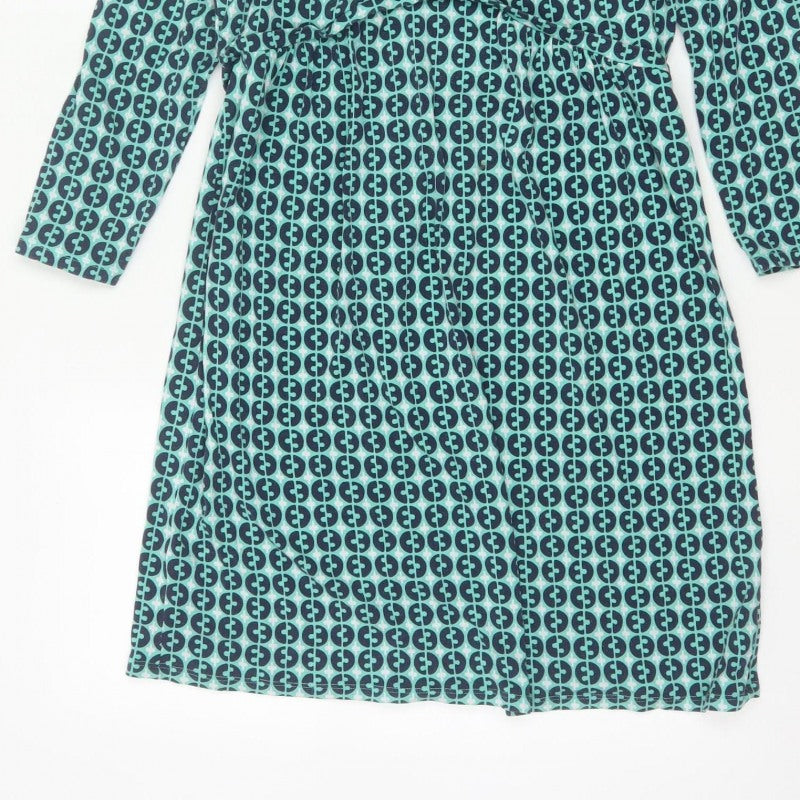 Boden Women Green Geometric Wrap Dress UK 14 Knee Length V-Neck