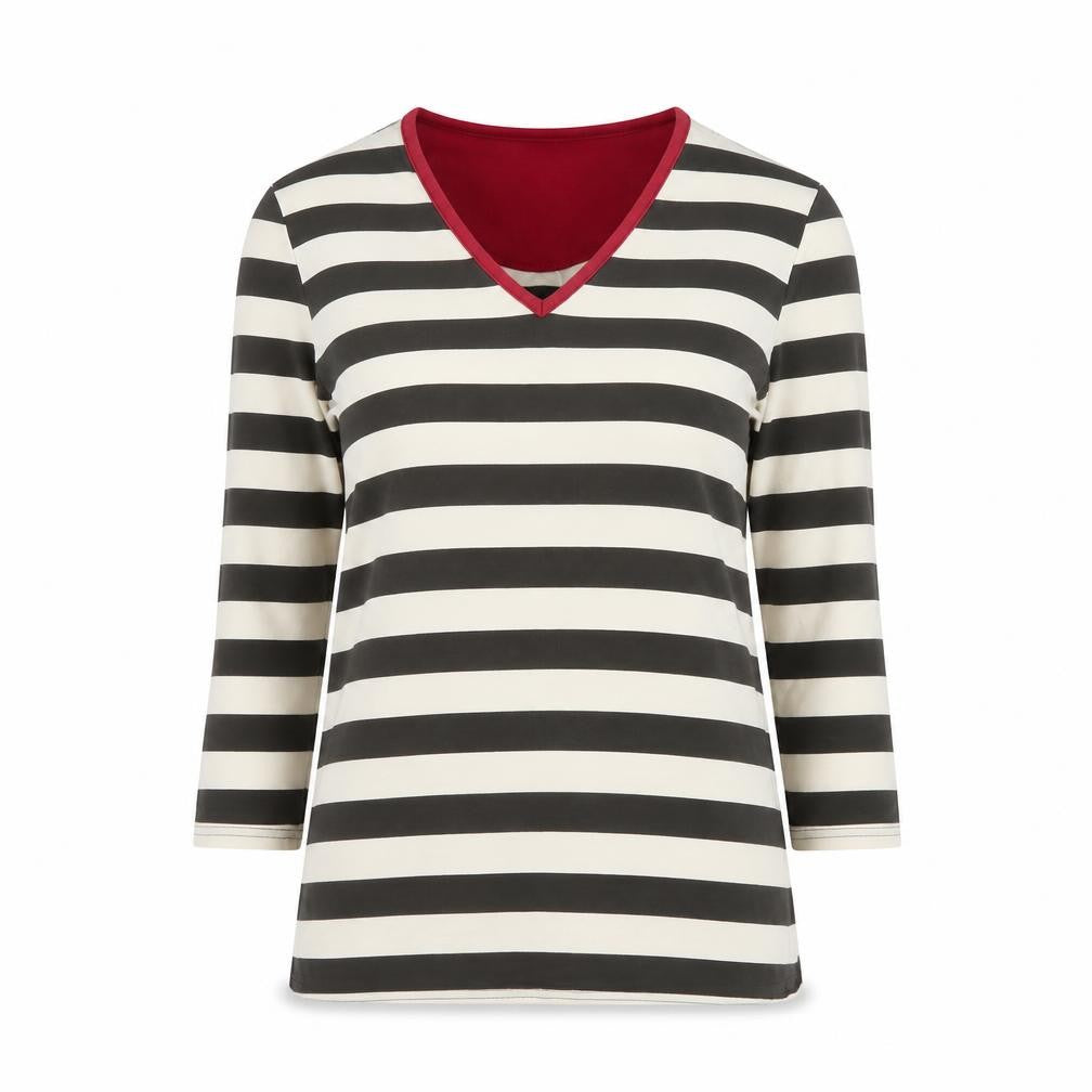 Joules Women’s Black Ivory Stripe V-Neck Long Sleeve Jersey Top XS