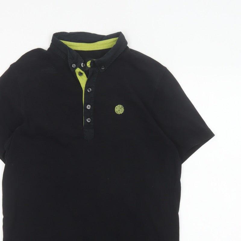 Pretty Green Men’s Black M Cotton Logo Button-Down Polo Shirt