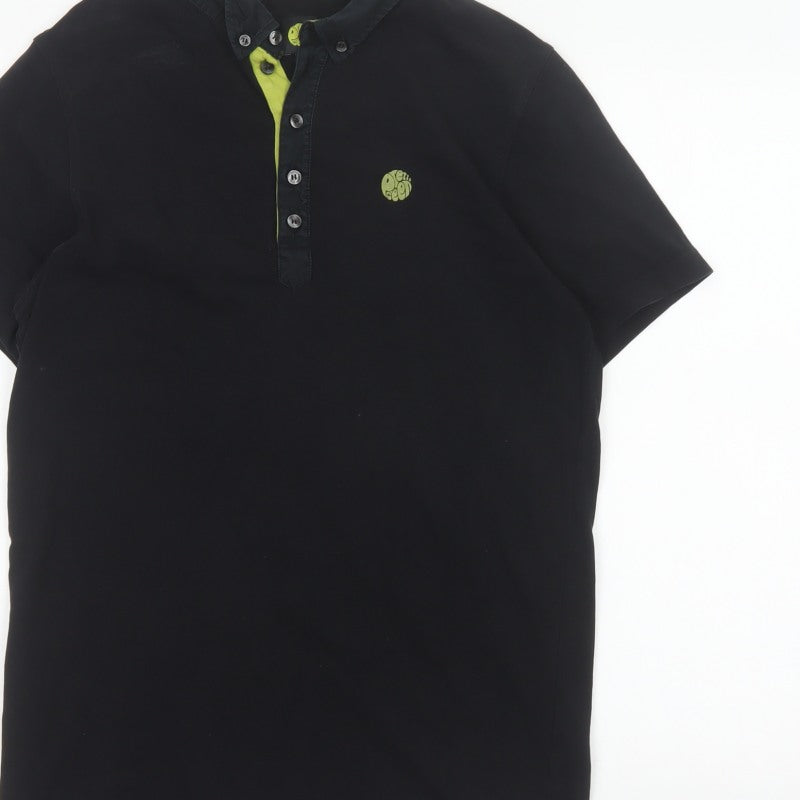 Pretty Green Men’s Black M Cotton Logo Button-Down Polo Shirt