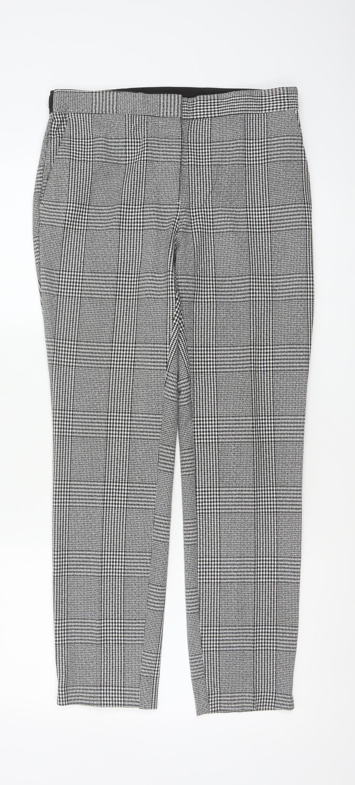 Zara Women Grey Check Tapered Ankle Trousers UK 12 Stretch Smart