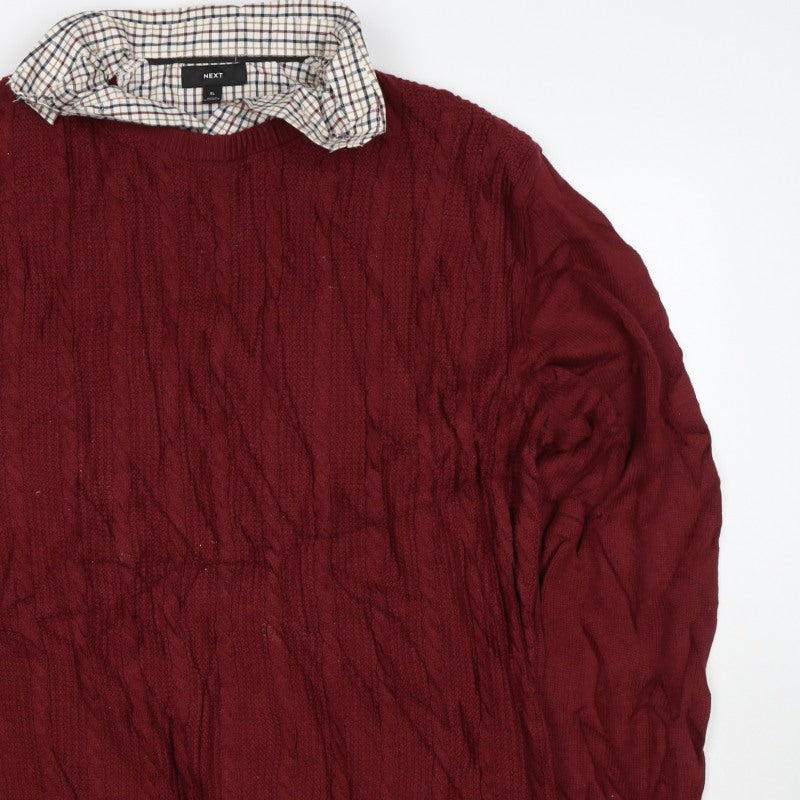 Next Men’s Red XL Cable Knit Checked Collar Cotton Pullover Jumper