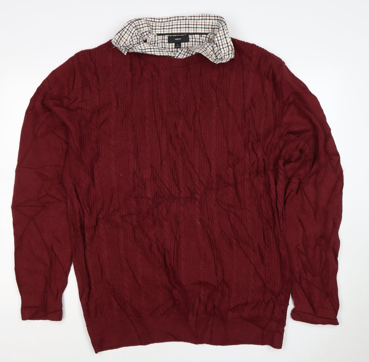 Next Men’s Red XL Cable Knit Checked Collar Cotton Pullover Jumper