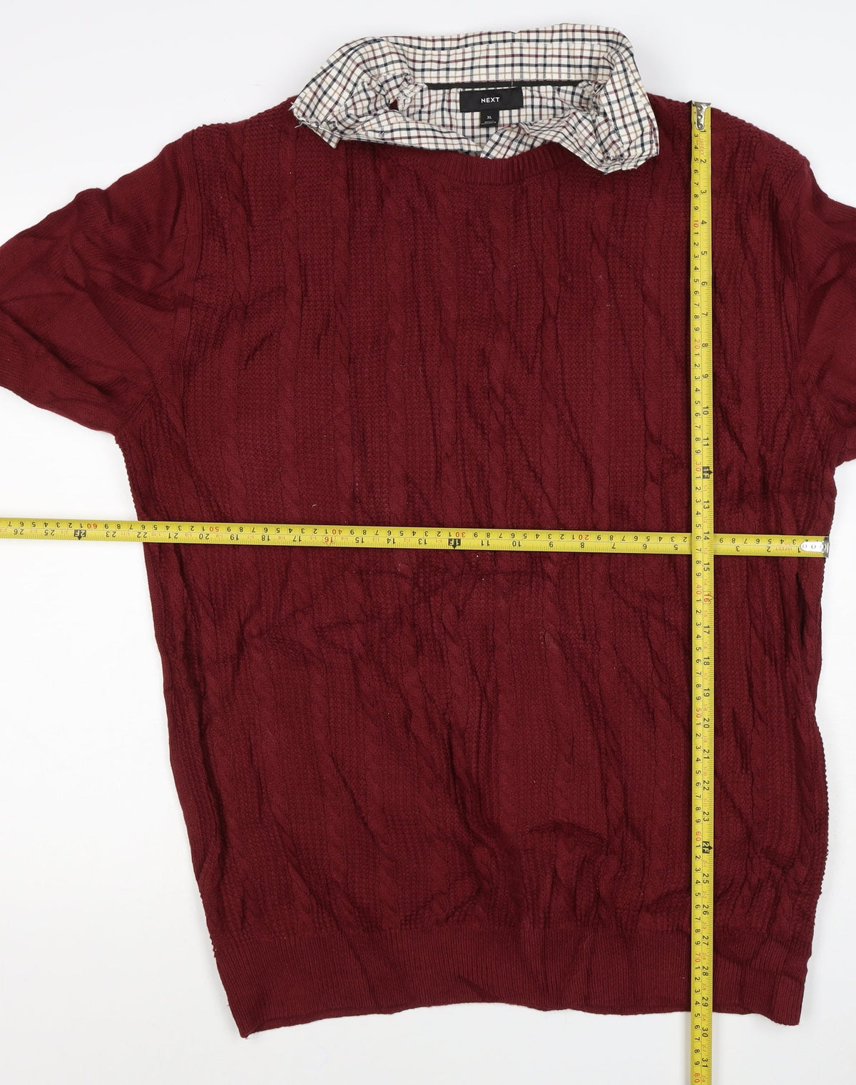 Next Men’s Red XL Cable Knit Checked Collar Cotton Pullover Jumper