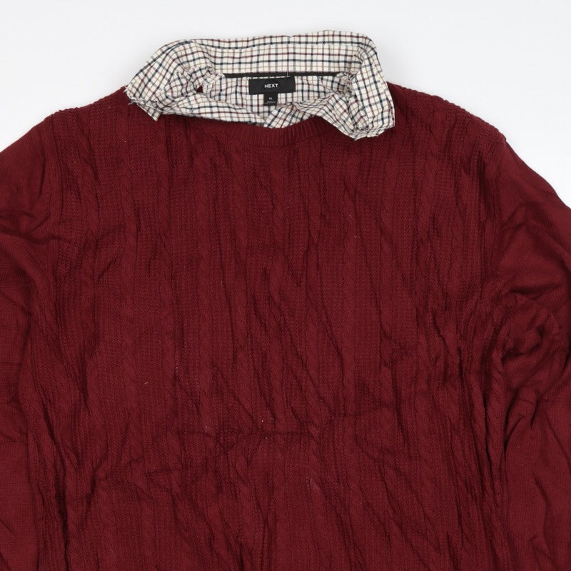 Next Men’s Red XL Cable Knit Checked Collar Cotton Pullover Jumper