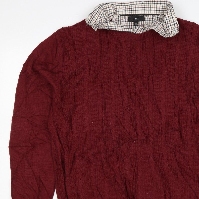 Next Men’s Red XL Cable Knit Checked Collar Cotton Pullover Jumper