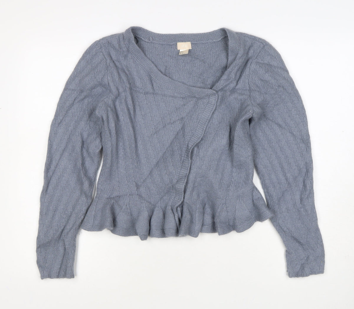 H&M Women Grey UK 12 Wrap Cable Knit Angora Wool Ruffle Jumper