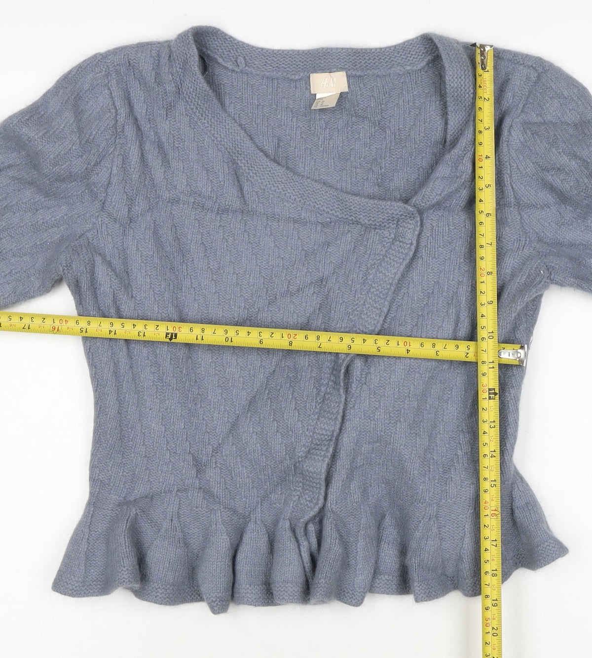 H&M Women Grey UK 12 Wrap Cable Knit Angora Wool Ruffle Jumper