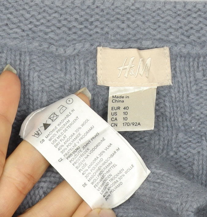 H&M Women Grey UK 12 Wrap Cable Knit Angora Wool Ruffle Jumper