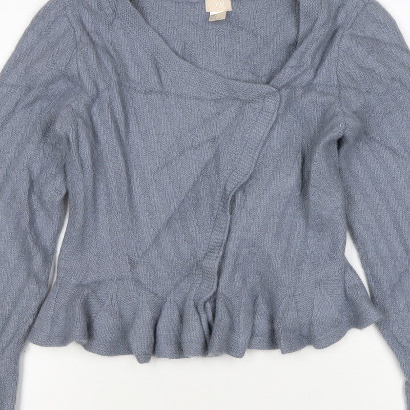 H&M Women Grey UK 12 Wrap Cable Knit Angora Wool Ruffle Jumper