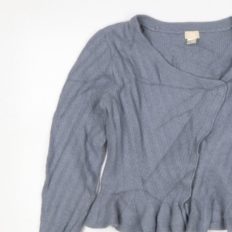 H&M Women Grey UK 12 Wrap Cable Knit Angora Wool Ruffle Jumper
