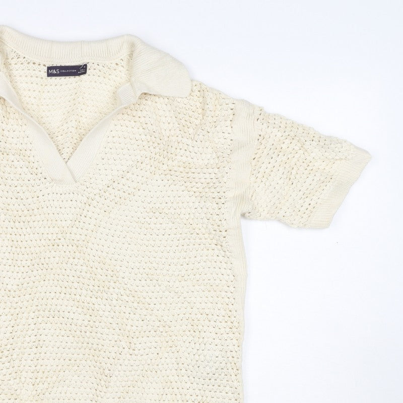 Marks & Spencer Women Ivory M Open-Knit Collared Short Sleeve Jumper