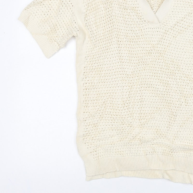 Marks & Spencer Women Ivory M Open-Knit Collared Short Sleeve Jumper
