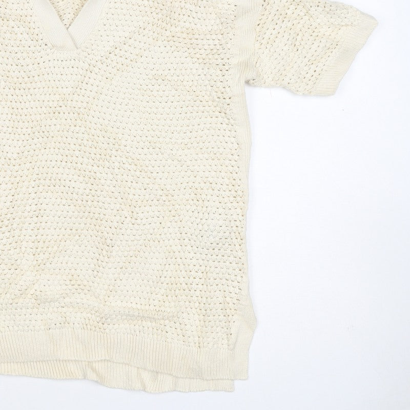 Marks & Spencer Women Ivory M Open-Knit Collared Short Sleeve Jumper