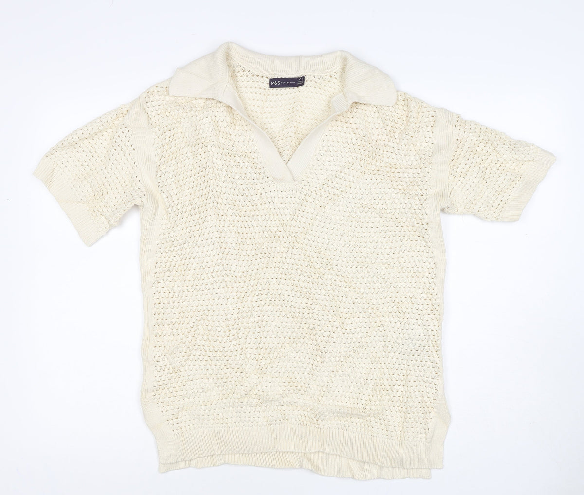 Marks & Spencer Women Ivory M Open-Knit Collared Short Sleeve Jumper