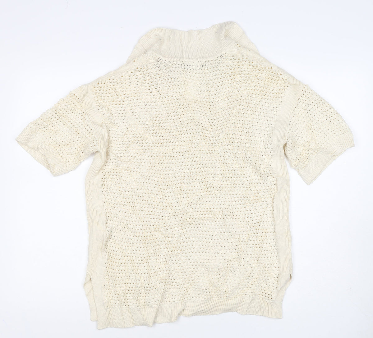 Marks & Spencer Women Ivory M Open-Knit Collared Short Sleeve Jumper