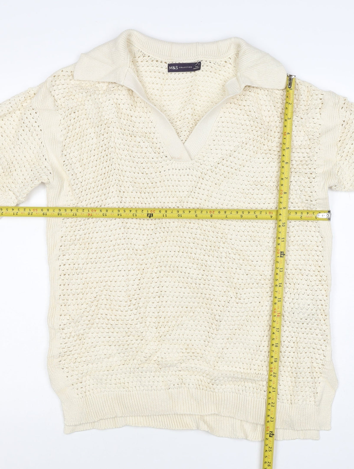 Marks & Spencer Women Ivory M Open-Knit Collared Short Sleeve Jumper