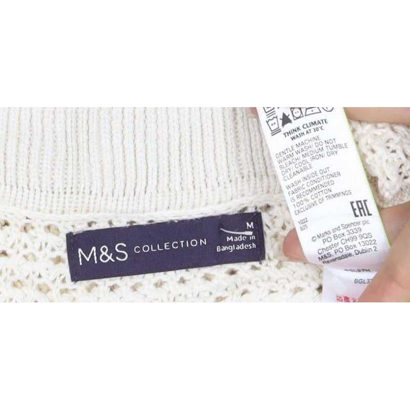 Marks & Spencer Women Ivory M Open-Knit Collared Short Sleeve Jumper