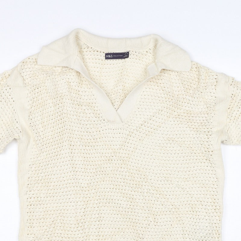 Marks & Spencer Women Ivory M Open-Knit Collared Short Sleeve Jumper